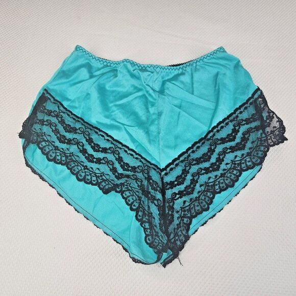 Vintage 70s 80s Turquoise Blue Satin Panties High Leg Black Lace S Nylon - Picture 1 of 5